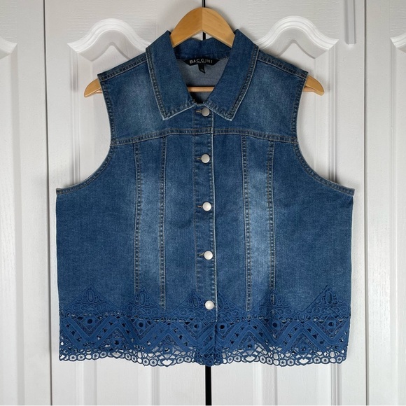 Baccini Jackets & Blazers - Baccini Denim Vest Womens XL Blue Crochet Lace Trim Button Down Cotton Boho Chic